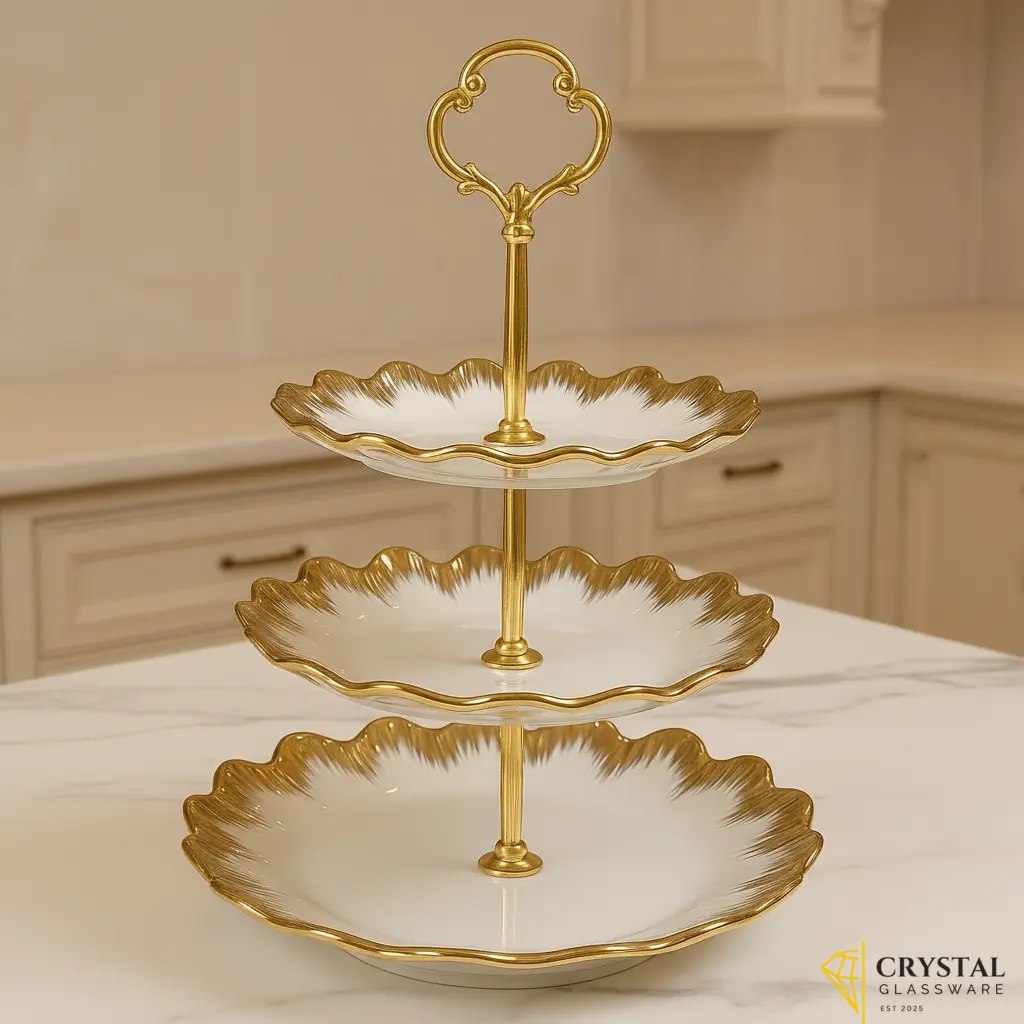 3-tier white ceramic cake stand with gold accents